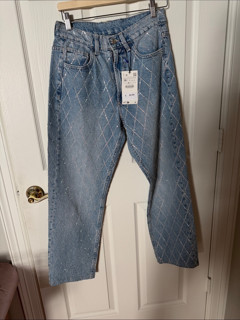 NWT TIK TOK VIRAL Zara Light Blue Diamond-Embellished Jeans SIZE 6